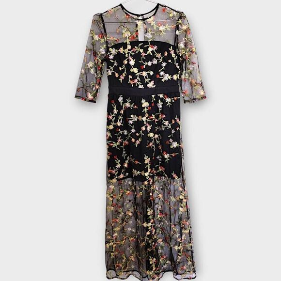 Olivaceous Maxi Dress Sz Small Black Floral Mesh Embroider Glamcore Boho Swiftie - Picture 1 of 13